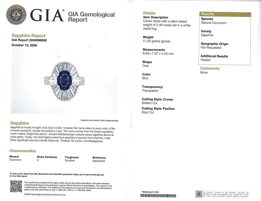 Vintage 2.48ct GIA Intense Blue Sapphire & 2.69ct Diamond Platinum Ring, Size 7