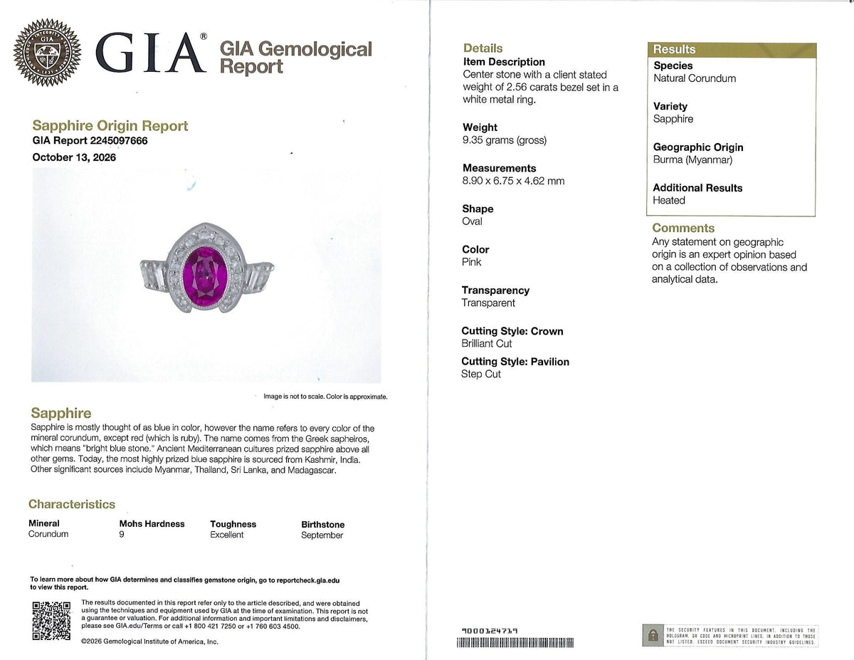 2.56ct GIA Burma Pink Sapphire 0.65ct Diamond Platinum Playing Card Ring, Size 6