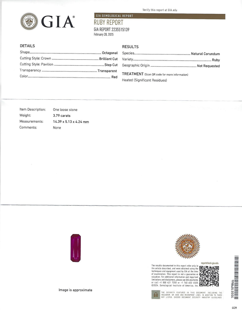 GIA Certified 3.79ct Step Cut Ruby 0.41ct Diamond 18K Yellow Gold Ring Size 7.5