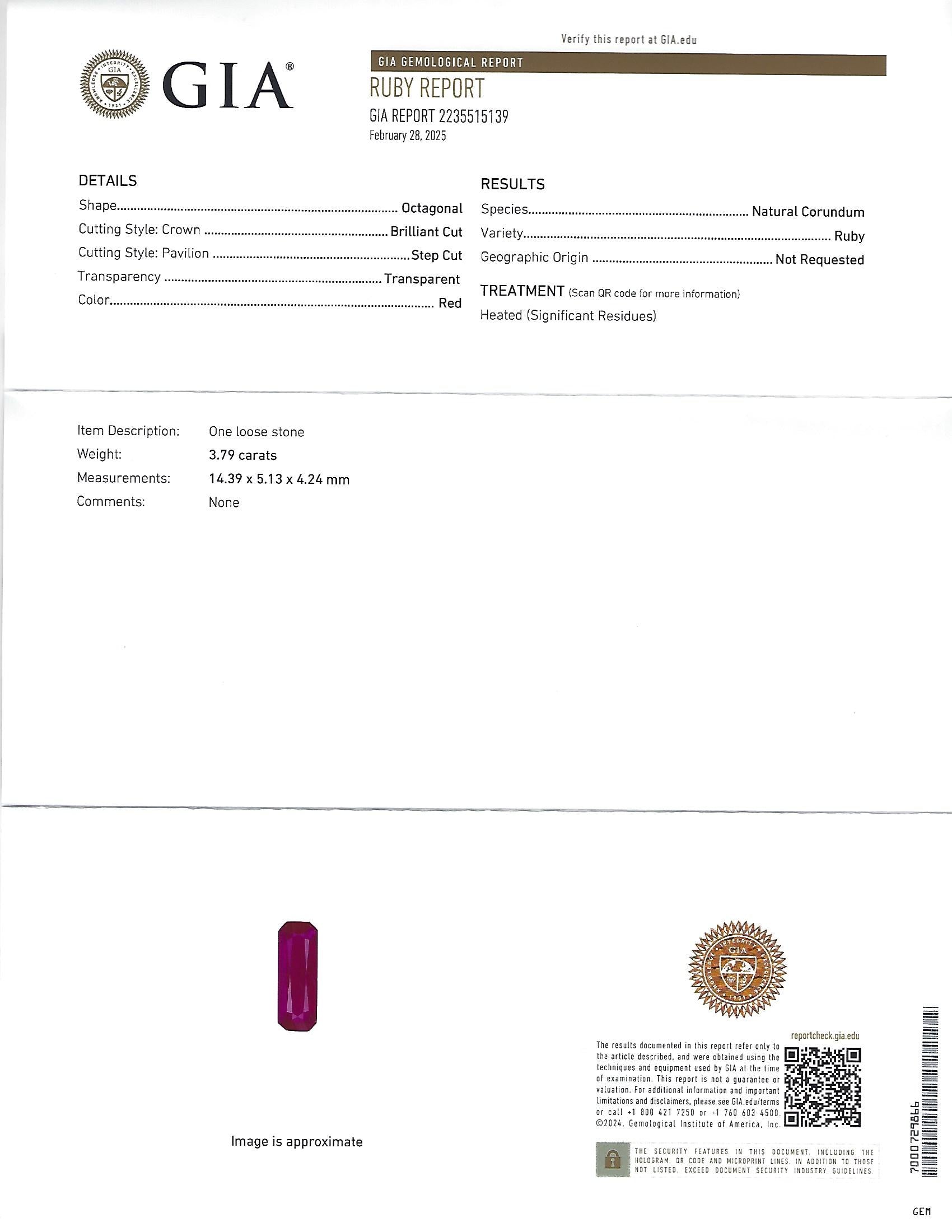 GIA Certified 3.79ct Step Cut Ruby 0.41ct Diamond 18K Yellow Gold Ring Size 7.5