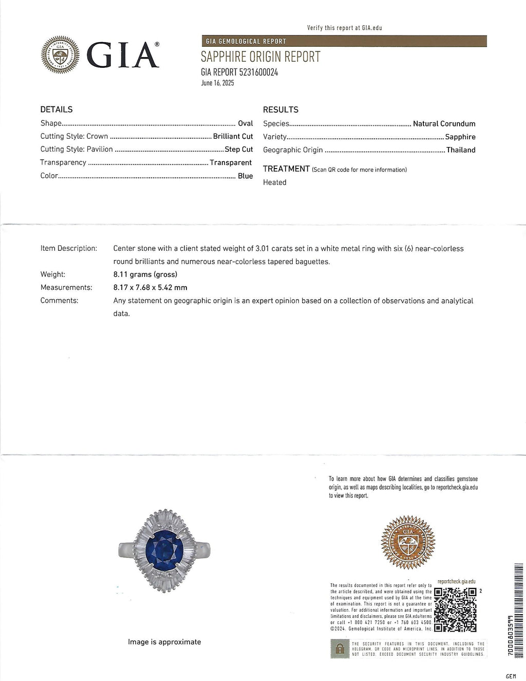 Fine 3.01ct GIA Royal Blue Sapphire & 0.64ct Diamond Platinum Ring, Size 5.75