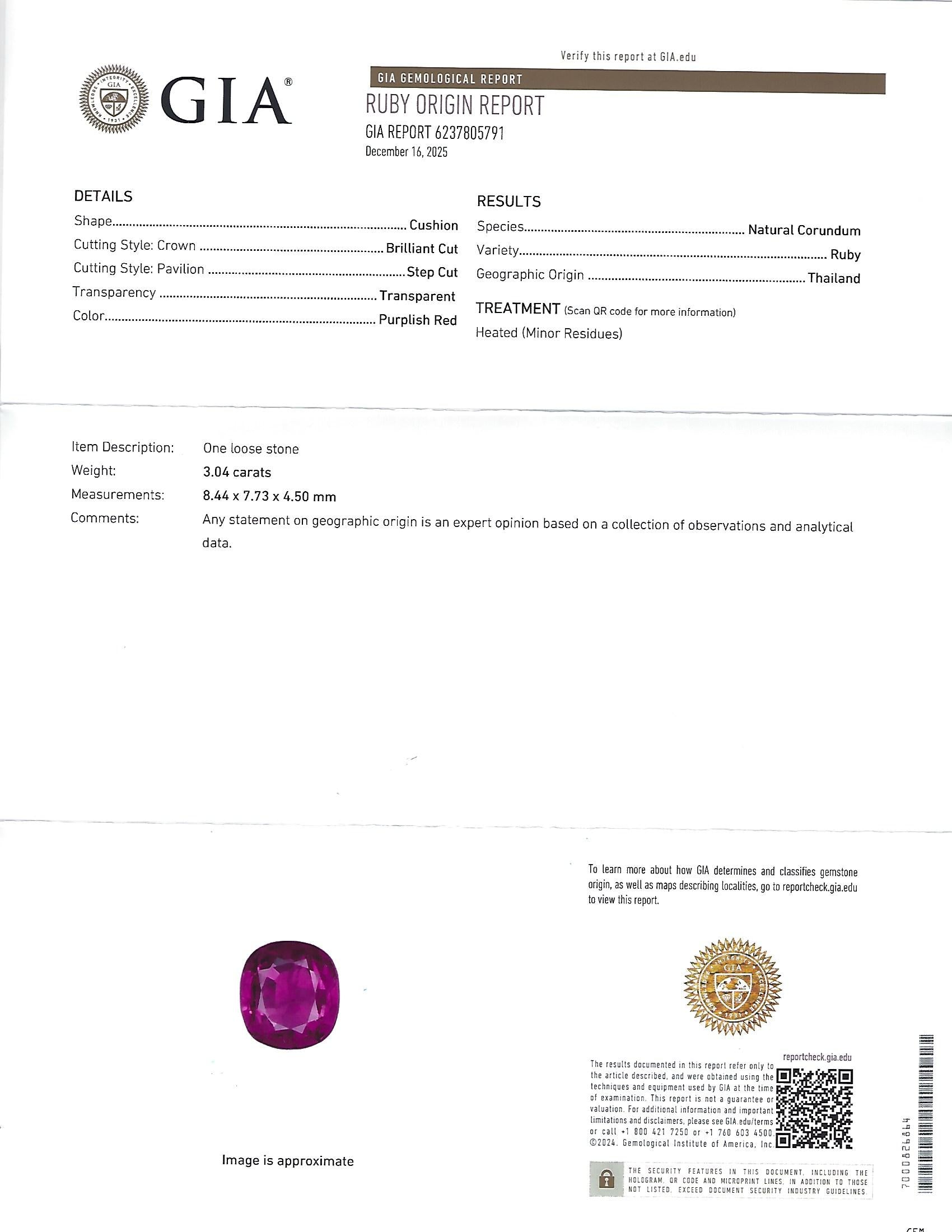 Rare 3.04ct GIA Certified Thai Ruby & 0.49ct Diamond Platinum Ring Size 6