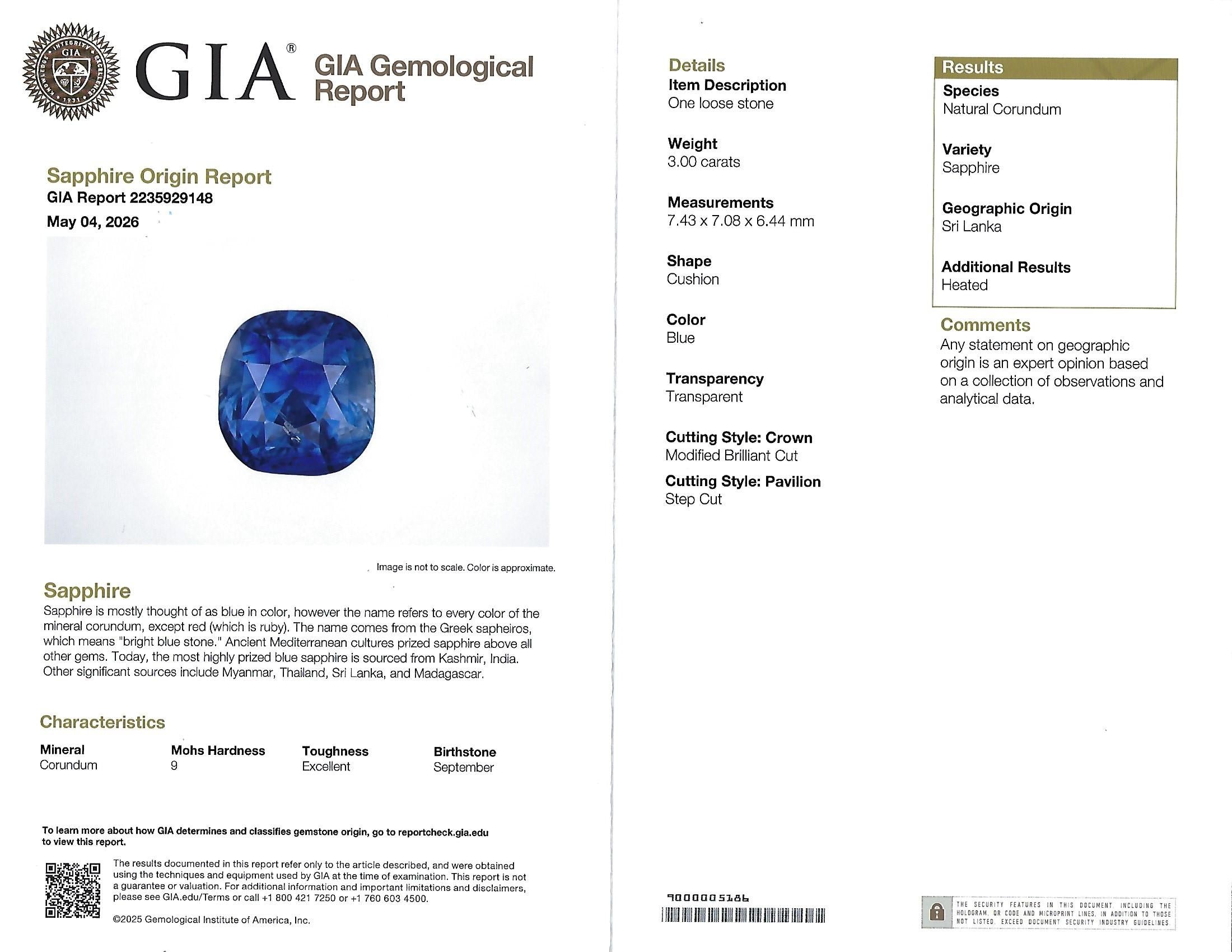 Vintage 3.0ct GIA Ceylon Blue Sapphire & 1.10ct Diamond Platinum Ring, Size 6