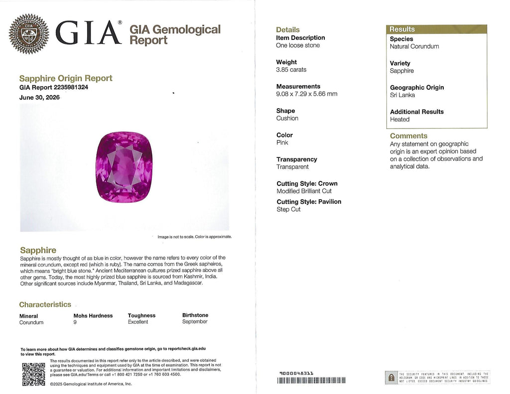 3.85ct GIA Vivid Pink Ceylon Sapphire & 1.49ct Diamond Platinum Ring, Size 4.25
