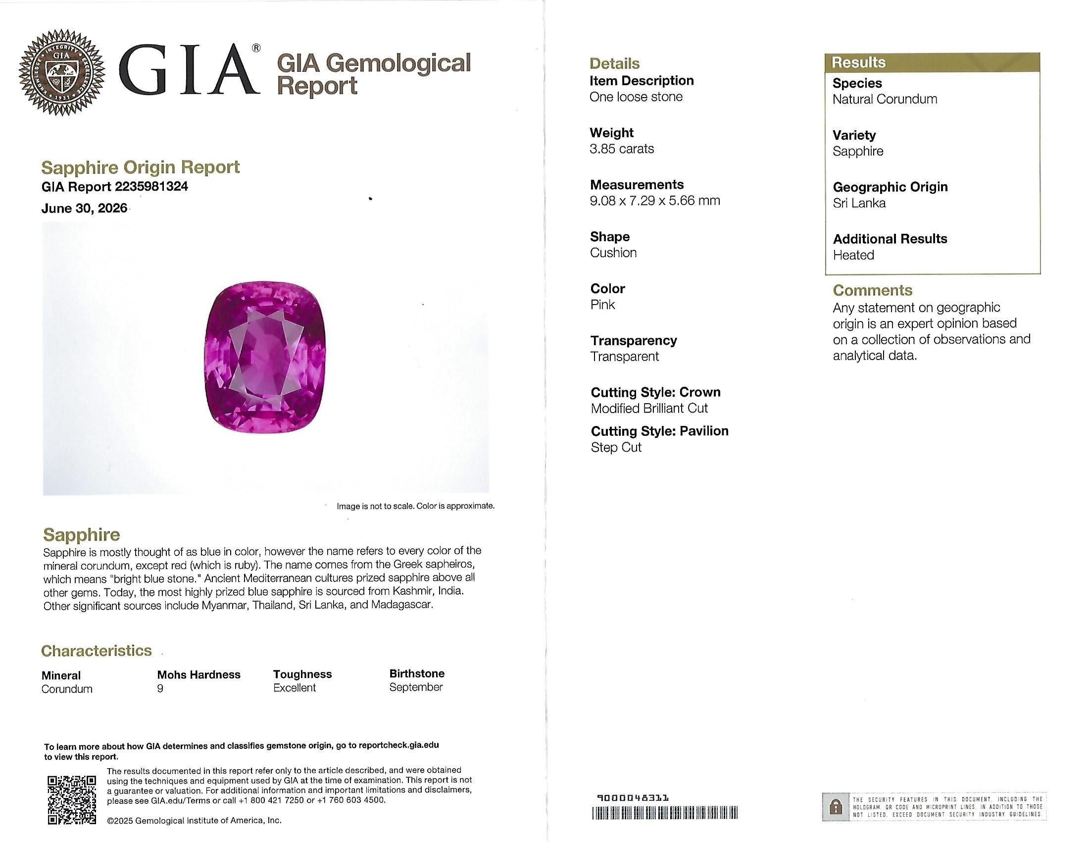 3.85ct GIA Vivid Pink Ceylon Sapphire & 1.49ct Diamond Platinum Ring, Size 4.25