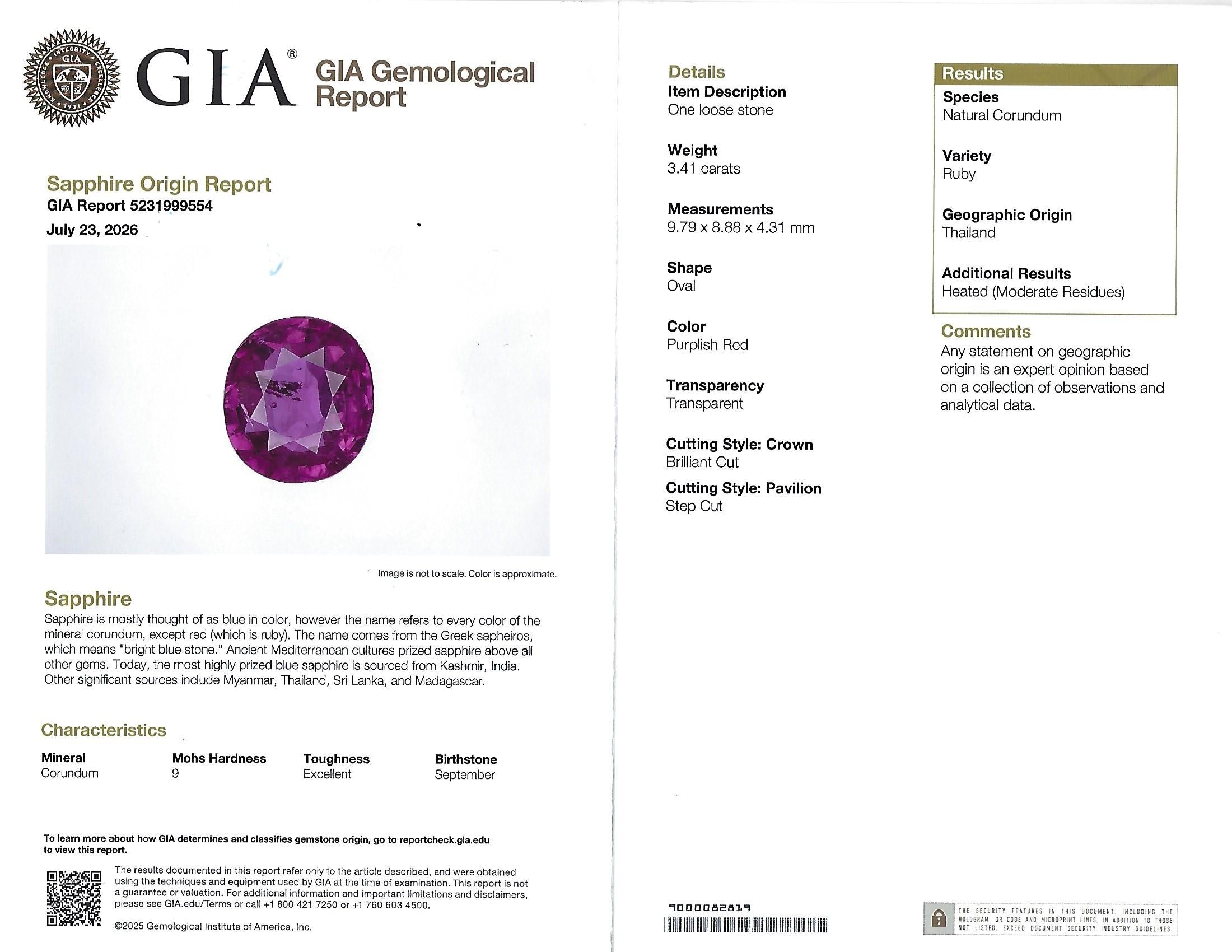 Fine 3.41ct GIA Thai Ruby & 1.62ct Diamond Platinum & 18K Gold Ring, Size 5.75