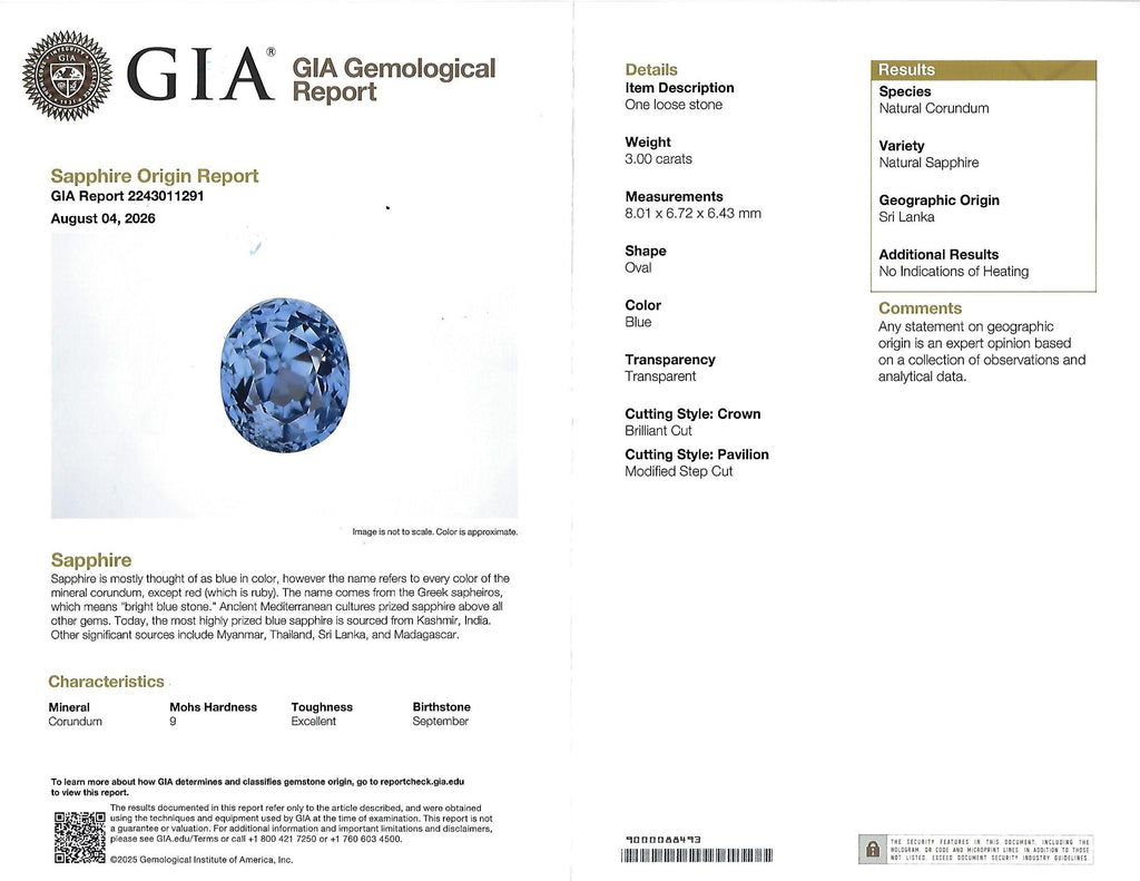 3.00ct GIA Ceylon No Heat Blue Sapphire & 0.08 Diamond Platinum Ring, Size 6.25