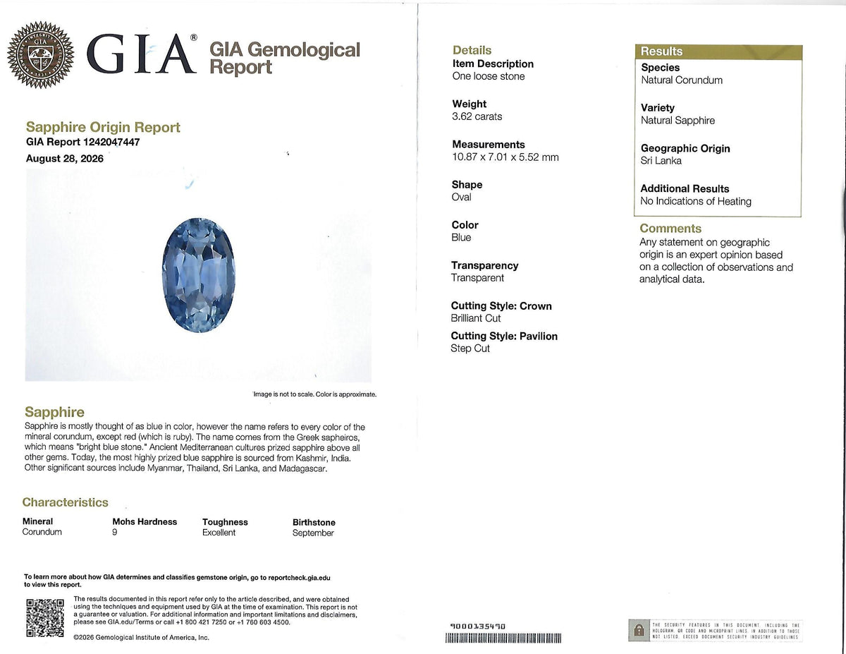 Fine 3.62ct GIA Ceylon No Heat Blue Sapphire 0.20ct Diamond 18K Gold Ring Size 6