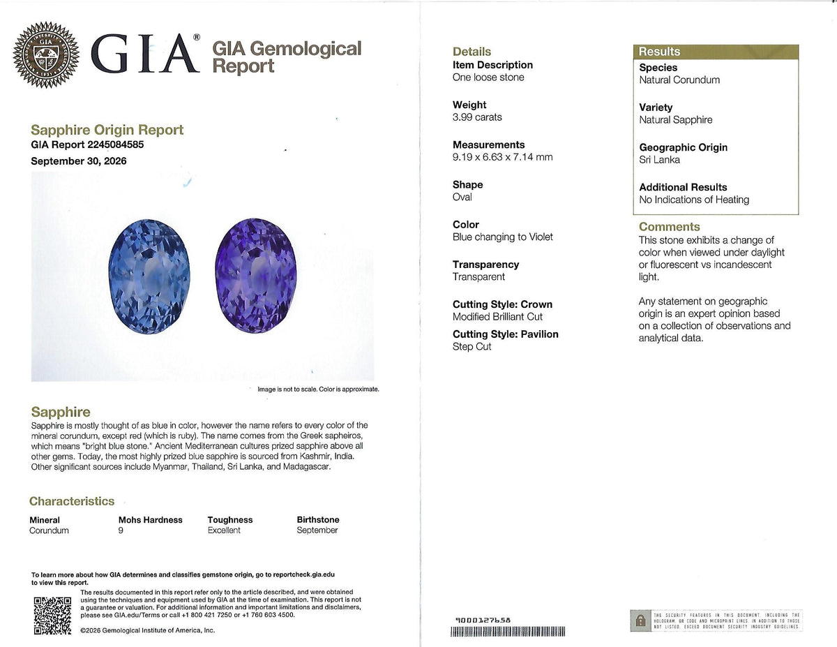 3.99ct GIA Ceylon NO HEAT Color Change Sapphire & 1.26ct Diamond Platinum Ring