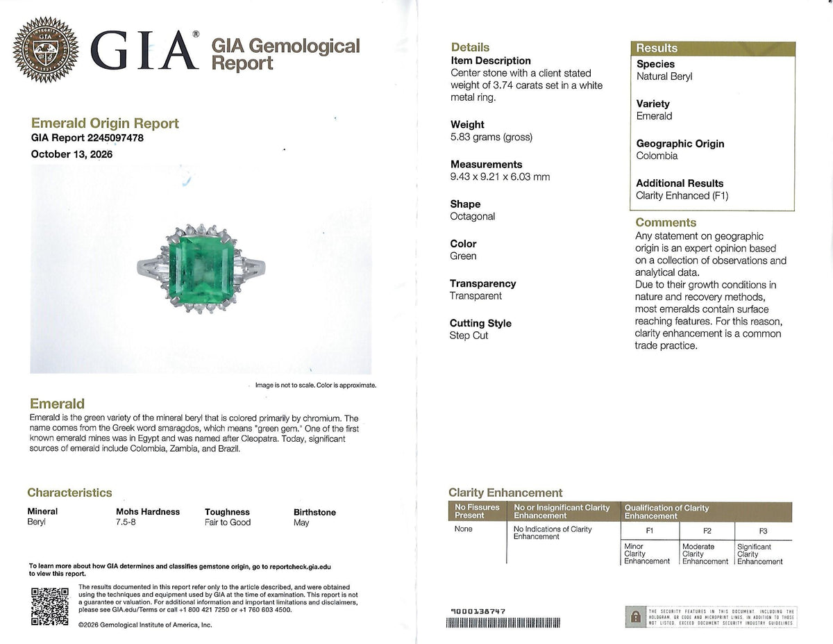 Rare 3.74ct GIA Natural Colombian Emerald 0.35ct Diamond Platinum Ring, Size 6.5