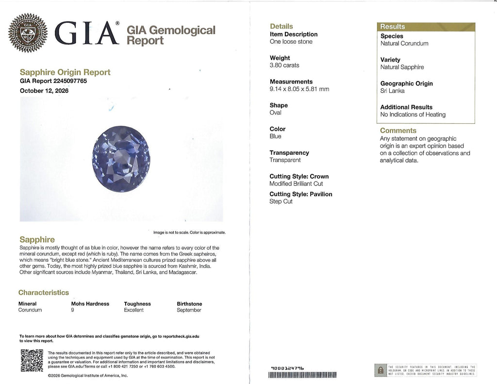 3.80ct GIA Ceylon No Heat Blue Sapphire & 0.21ct Diamond Platinum Ring, Size 7.5