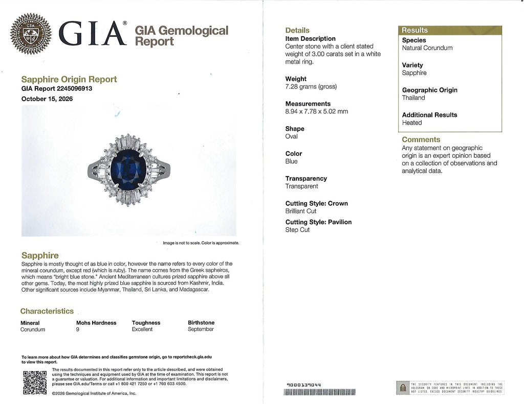 3.00ct GIA Natural Thai Blue Sapphire & 0.68ct Diamond Platinum Ring, Size 4.75
