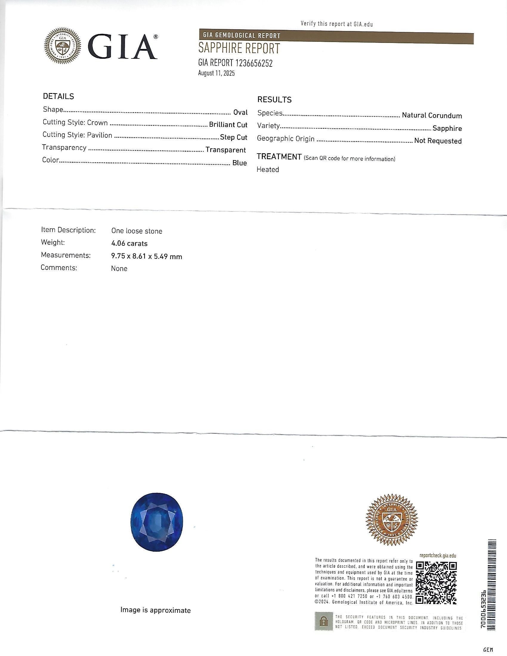 Estate GIA 4.06ct Cornflower Blue Sapphire & 0.41ct Diamond Platinum Ring Size 6