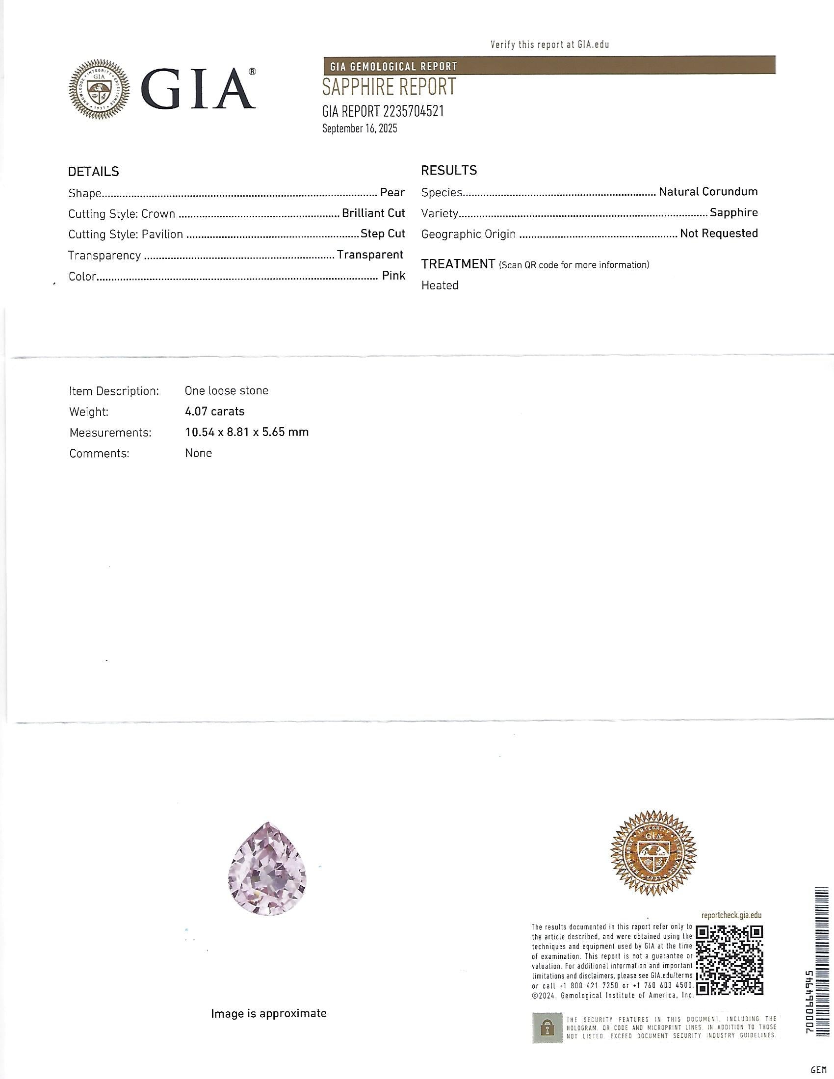 Fine 4.07ct Pear Shape GIA Pink Sapphire 1.36ct Diamond Platinum Ring Size 6.25
