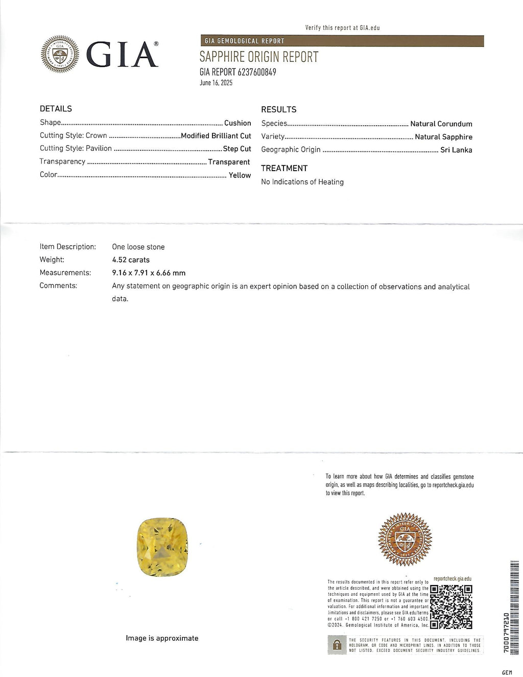 4.52ct GIA Ceylon No Heat Yellow Sapphire & 0.50ct Diamond 18K Gold Ring, Size 8