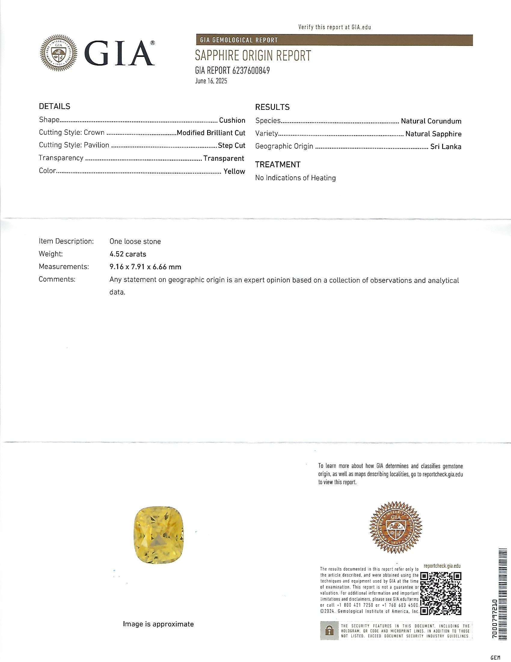 4.52ct GIA Ceylon No Heat Yellow Sapphire & 0.50ct Diamond 18K Gold Ring, Size 8