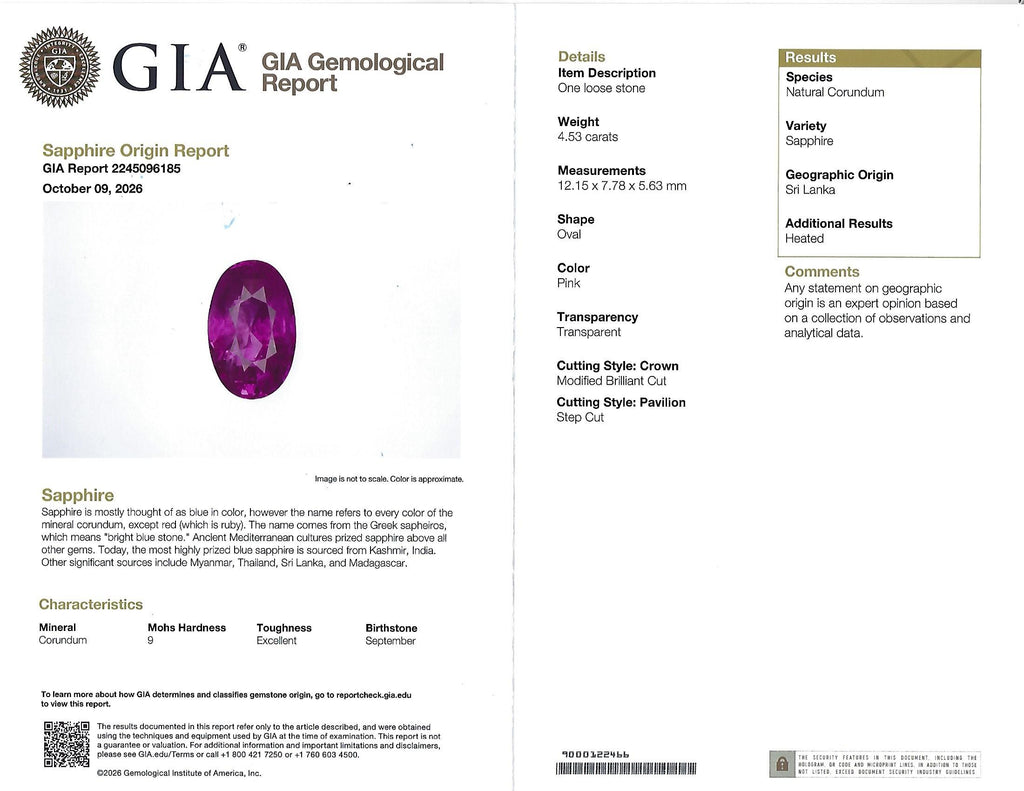 Rare 4.53ct GIA Ceylon Pink Sapphire & 0.58ct Diamond Platinum Ring, Size 5.75