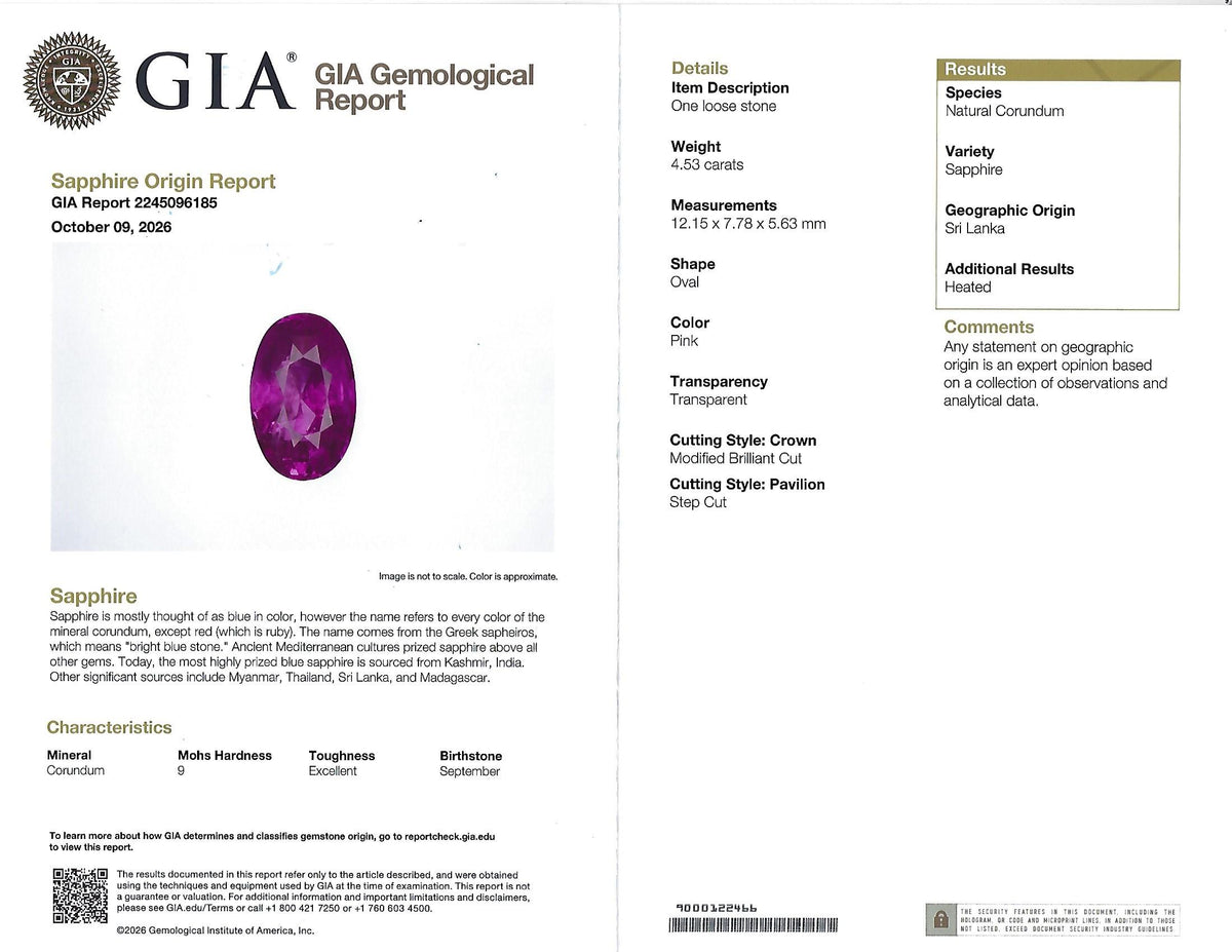 Rare 4.53ct GIA Ceylon Pink Sapphire & 0.58ct Diamond Platinum Ring, Size 5.75