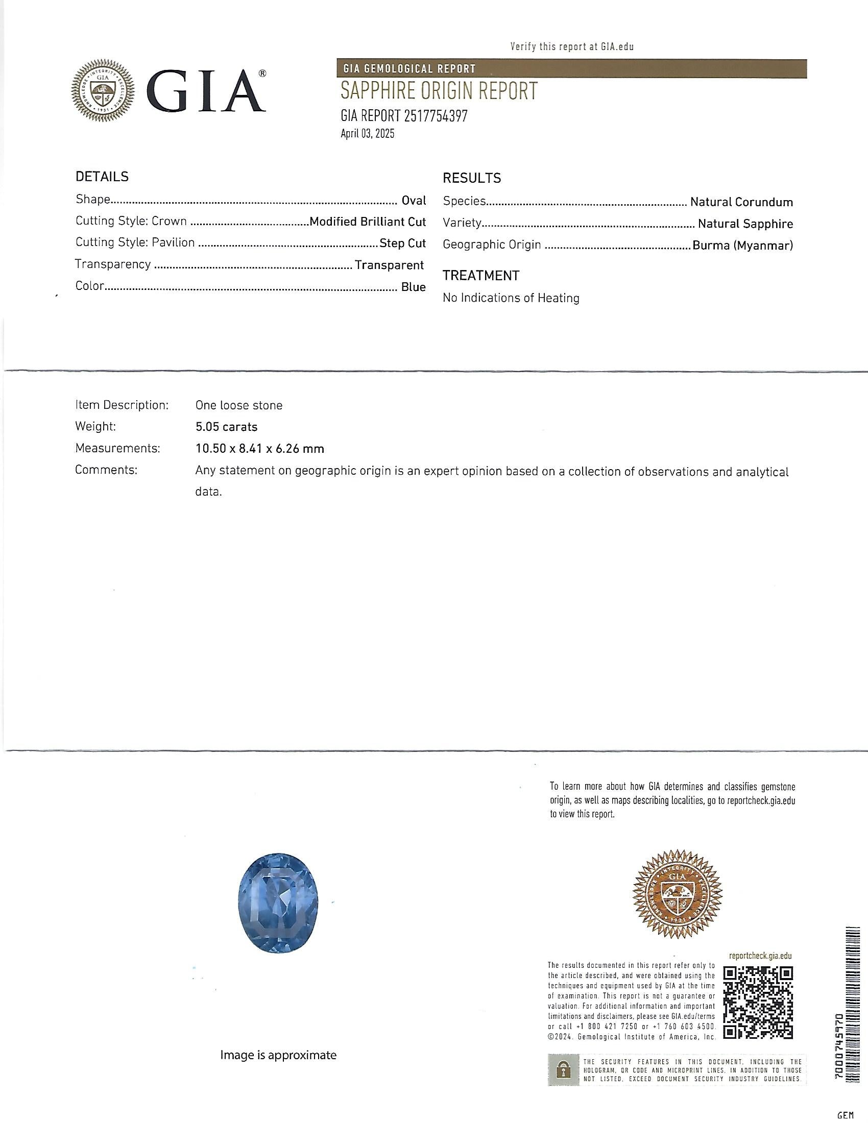 Rare 5.05ct GIA Burma No Heat Sapphire 0.67 Diamond Platinum Ring, Size 6.25