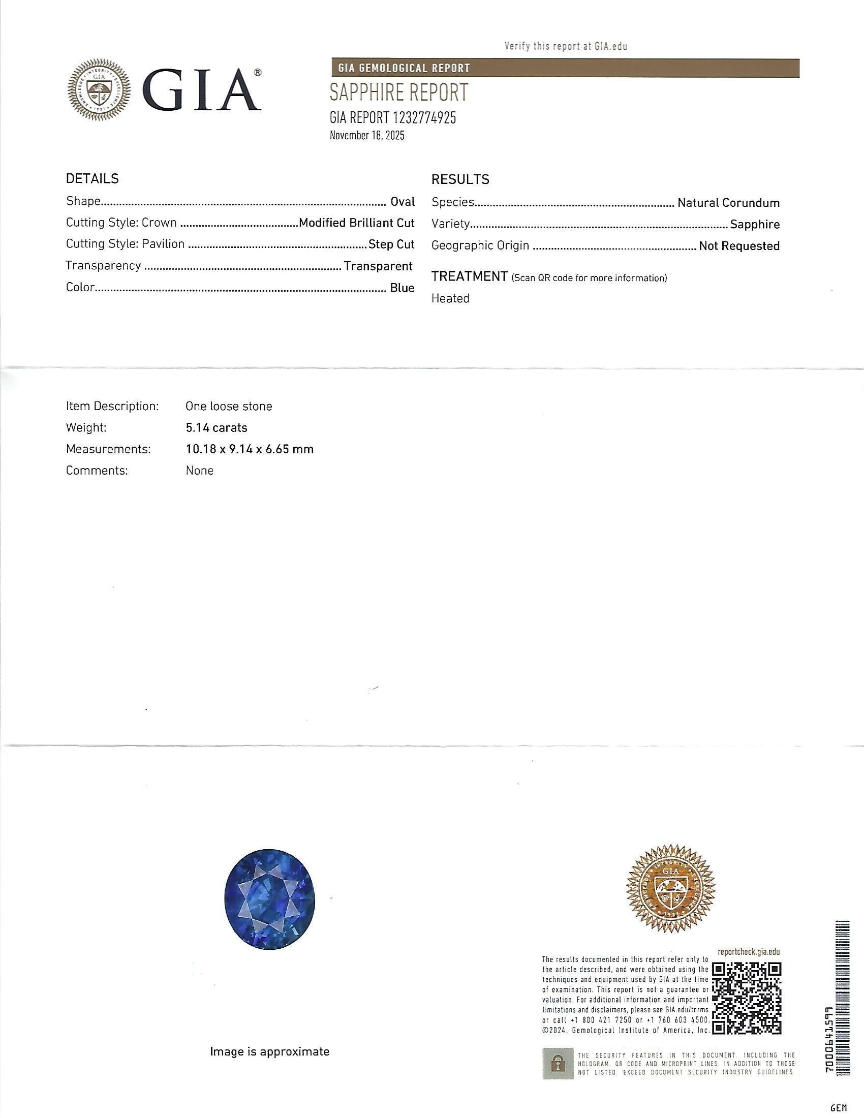 GIA 5.14ct Cornflower Blue Sapphire & 0.69ct Diamond Platinum Ring, Size 5.75