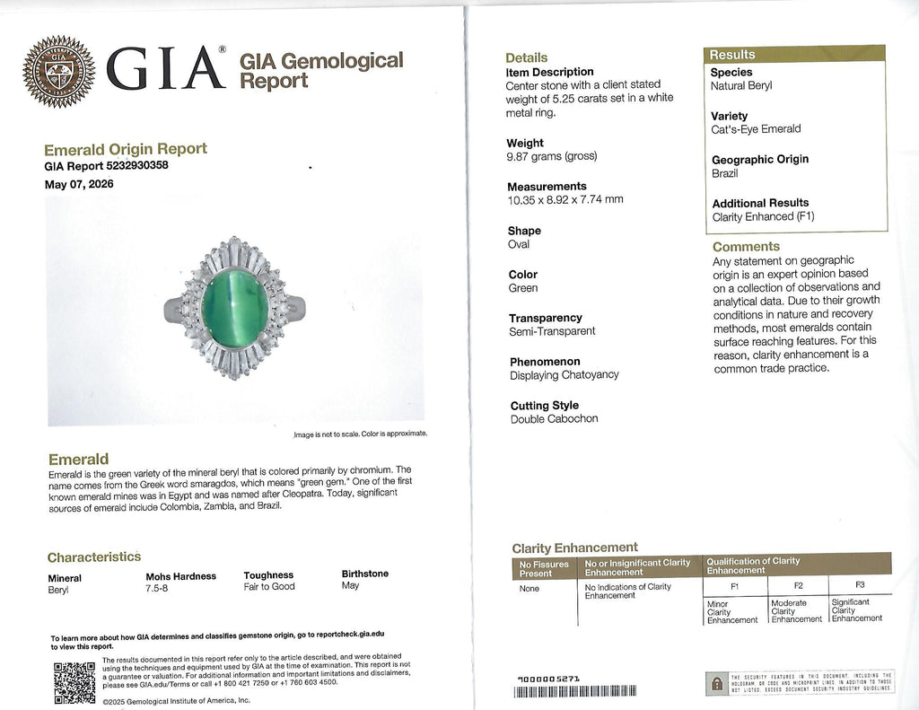 5.25ct GIA Certified Cat's Eye Emerald & 1.07ct Diamond Platinum Ring, Size 7.25