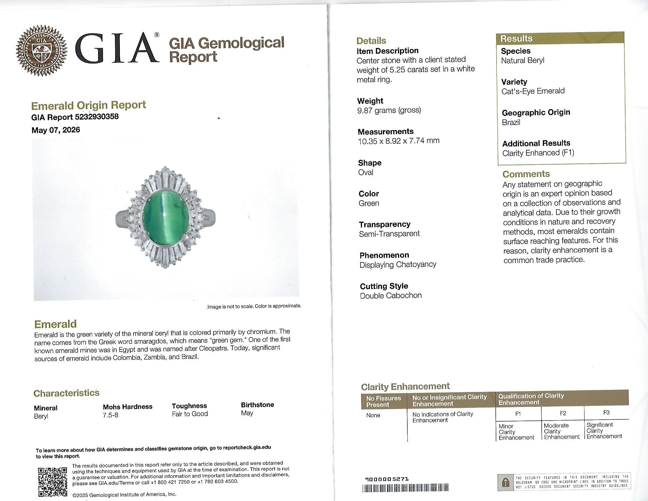 5.25ct GIA Certified Cat's Eye Emerald & 1.07ct Diamond Platinum Ring, Size 7.25