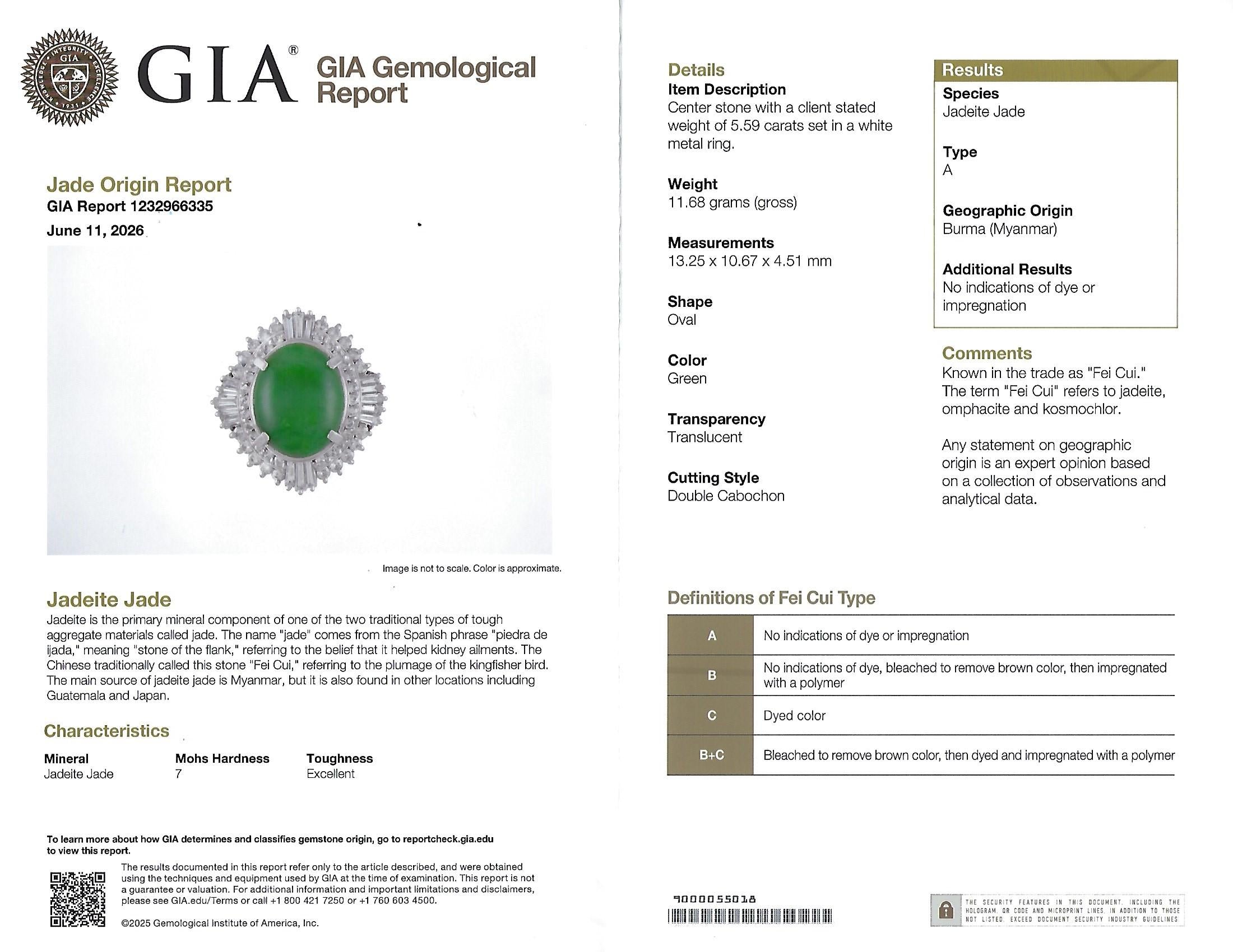 5.59ct GIA Natural Burmese Jadeite Jade 1.10ct Diamond Platinum Ring, Size 5.75