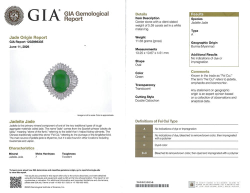 5.59ct GIA Natural Burmese Jadeite Jade 1.10ct Diamond Platinum Ring, Size 5.75