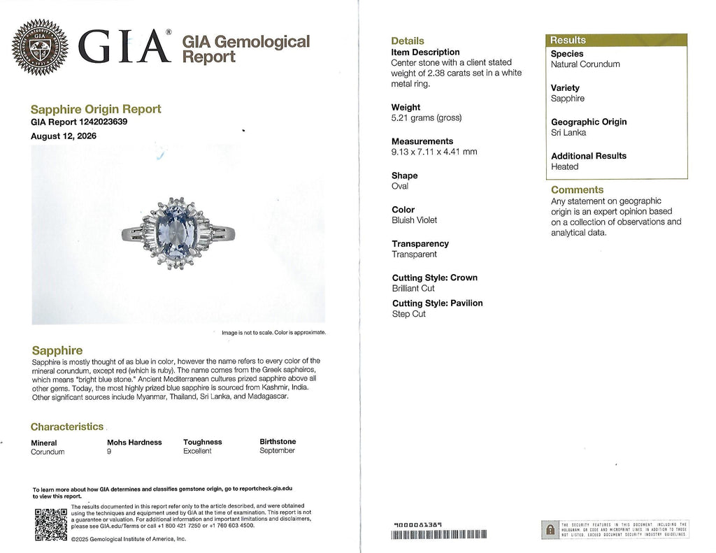 2.38ct GIA Blueish Violet Sapphire & 0.45ct Diamond Platinum Ring, Size 7.75
