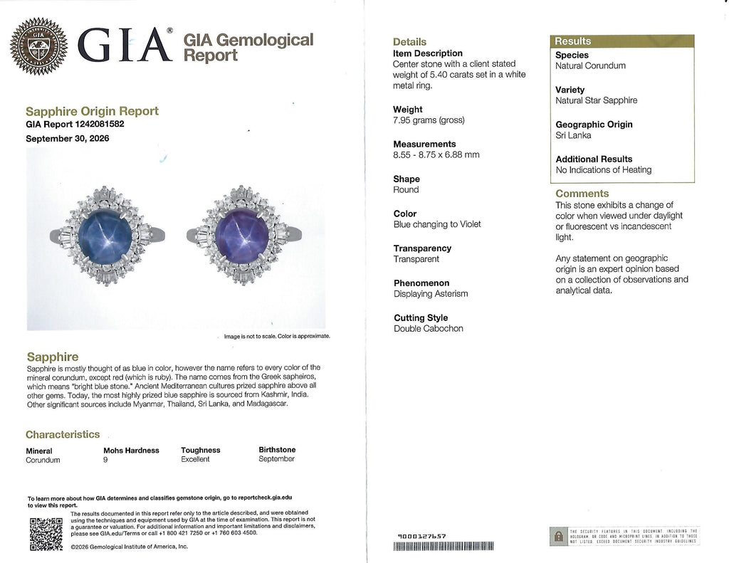 5.40ct GIA Unheated Color Chage Star Sapphire 0.64ct Diamond Platinum Ring S-5.5