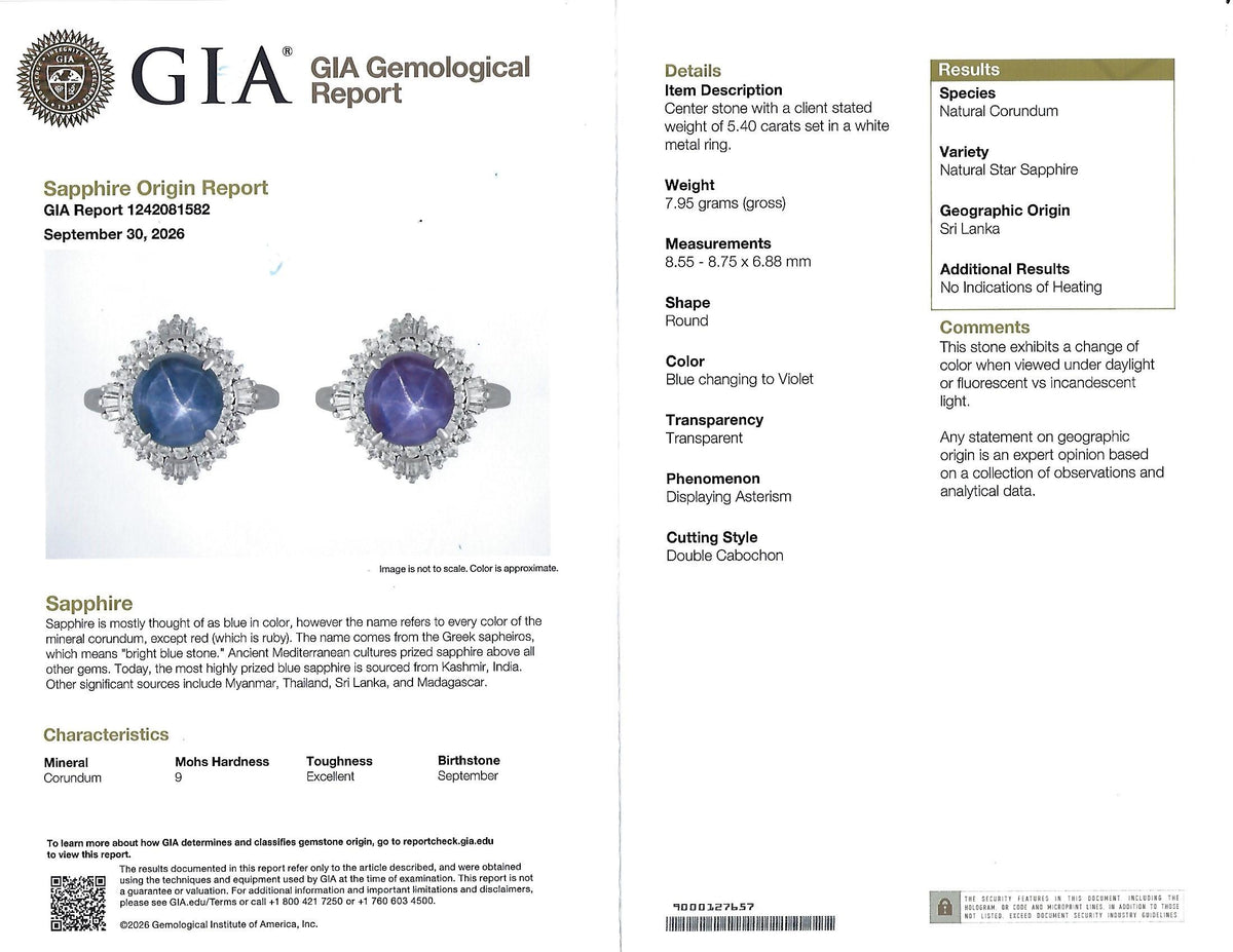 5.40ct GIA Unheated Color Chage Star Sapphire 0.64ct Diamond Platinum Ring S-5.5