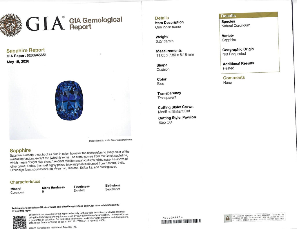Vintage 6.27ct GIA Certified Sapphire & 1.46ct Diamond Platinum Ring, Size 8.25