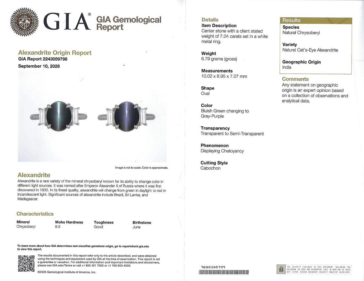 7.04ct GIA Natural Alexandrite Cats Eye & 0.68ct Diamond Platinum Ring, Size 6.5
