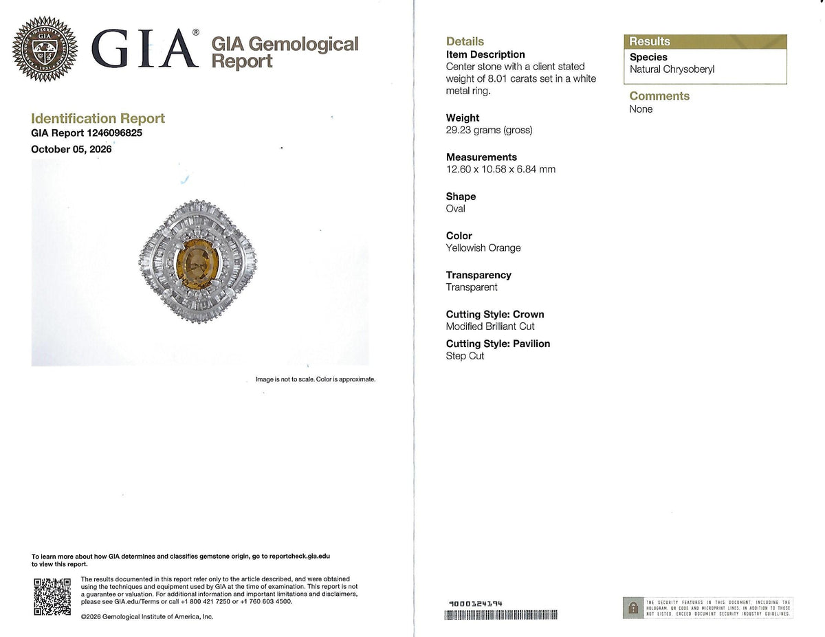 Massive 8.01ct GIA Natural Chrysoberyl & 5.84ct Diamond Platinum Ring, Size 6.75
