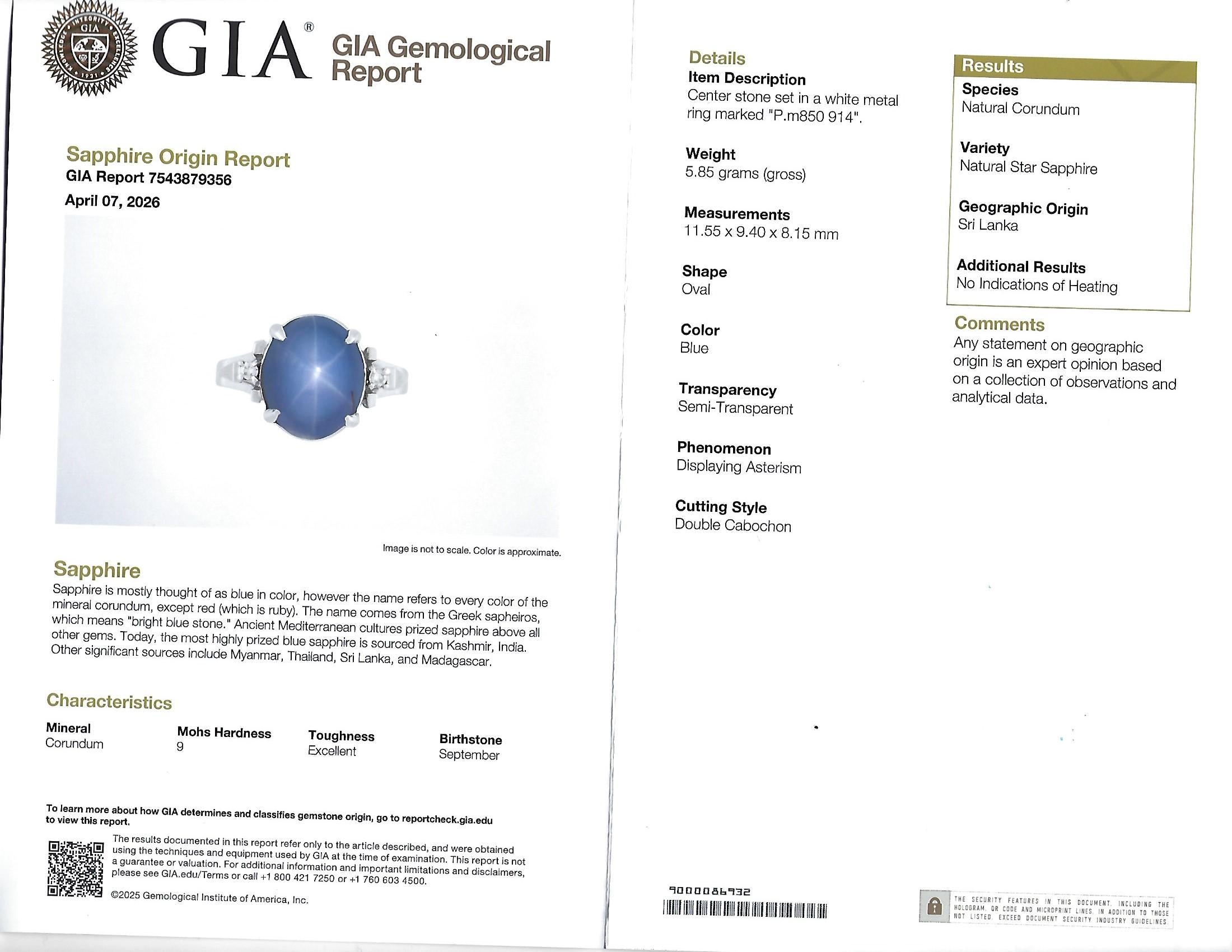 9.14ct GIA Ceylon No Heat Star Sapphire & 0.02ct Diamond Platinum Ring, Size 5.5