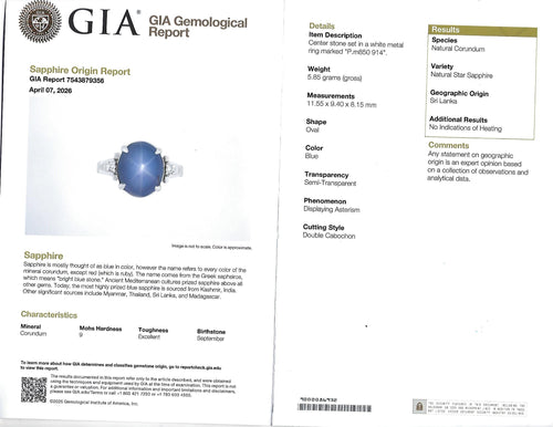 9.14ct GIA Ceylon No Heat Star Sapphire & 0.02ct Diamond Platinum Ring, Size 5.5