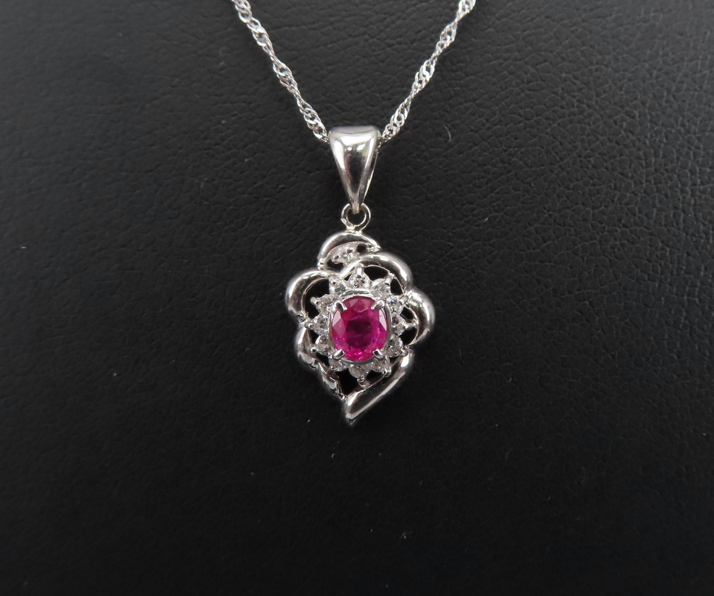 Vintage 0.37ct Intense Red Ruby & 0.15ct Diamond Platinum Necklace