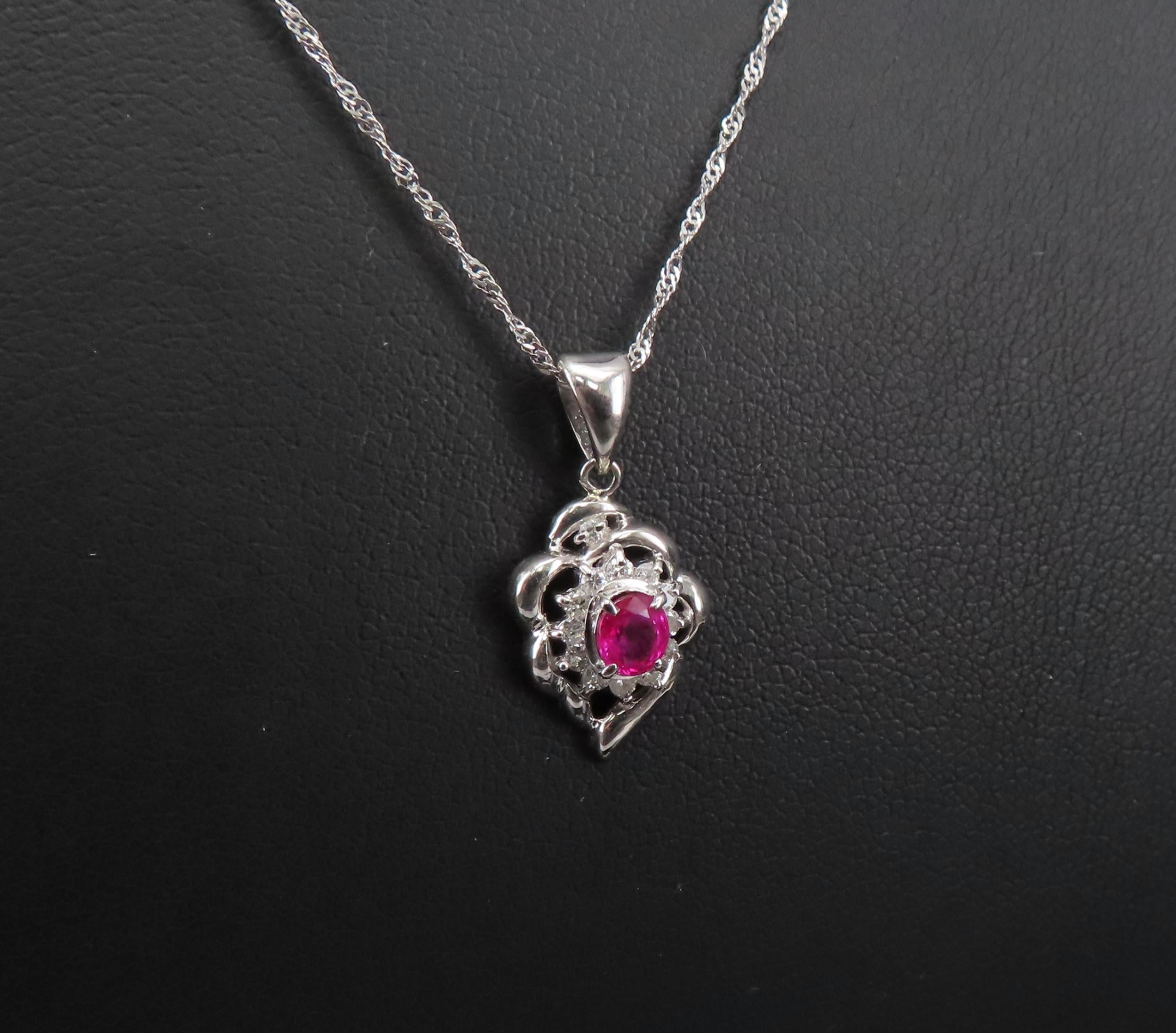 Vintage 0.37ct Intense Red Ruby & 0.15ct Diamond Platinum Necklace