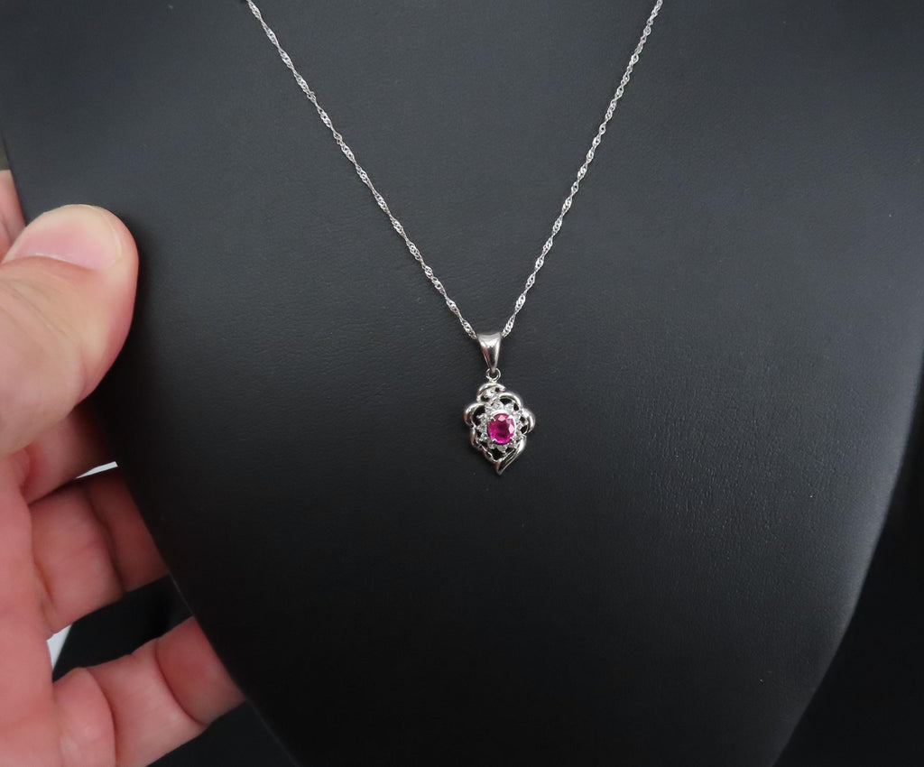 Vintage 0.37ct Intense Red Ruby & 0.15ct Diamond Platinum Necklace