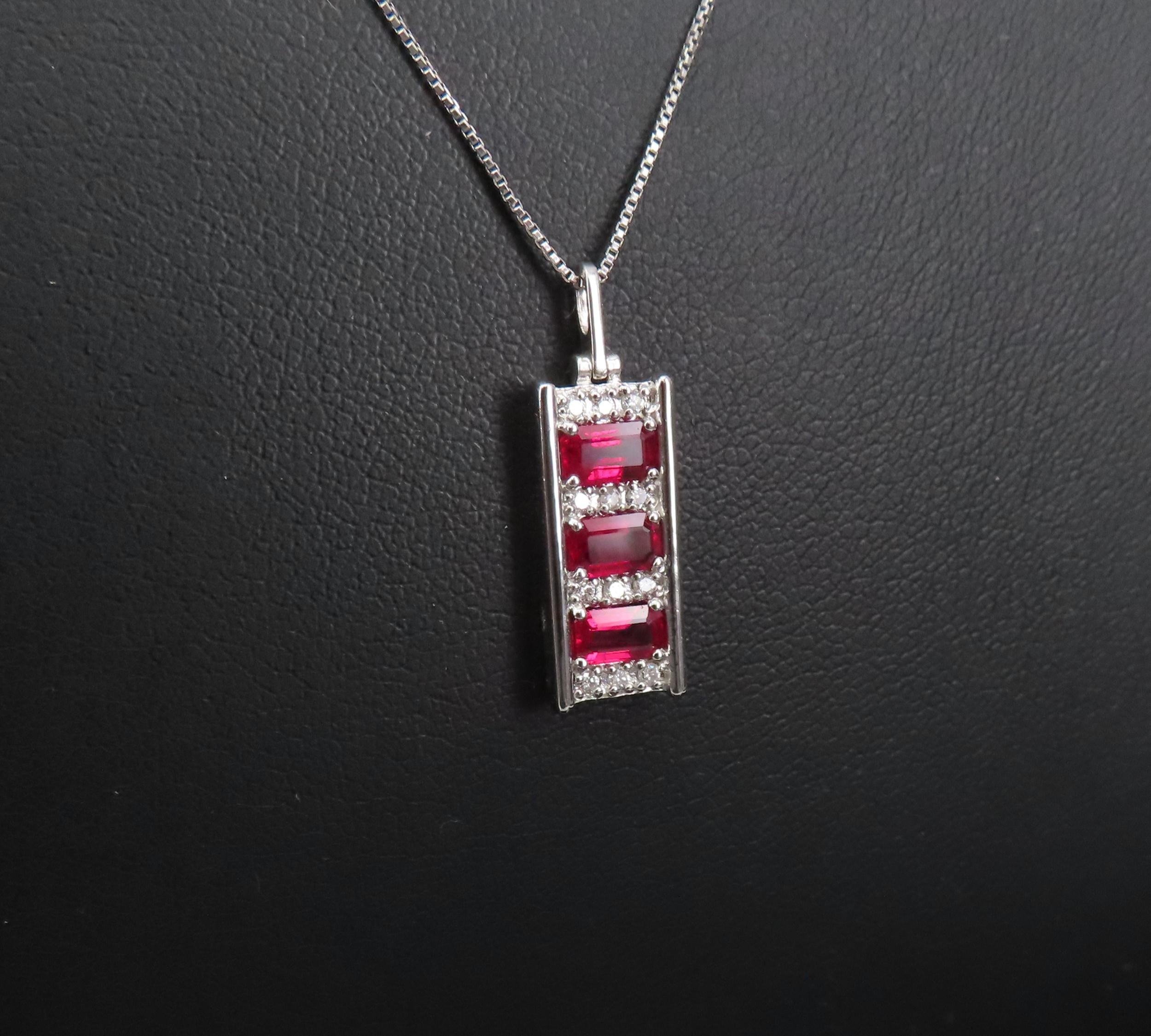 Vintage 1.08ct Intense Red Ruby & 0.10ct Diamond Platinum Bar Necklace