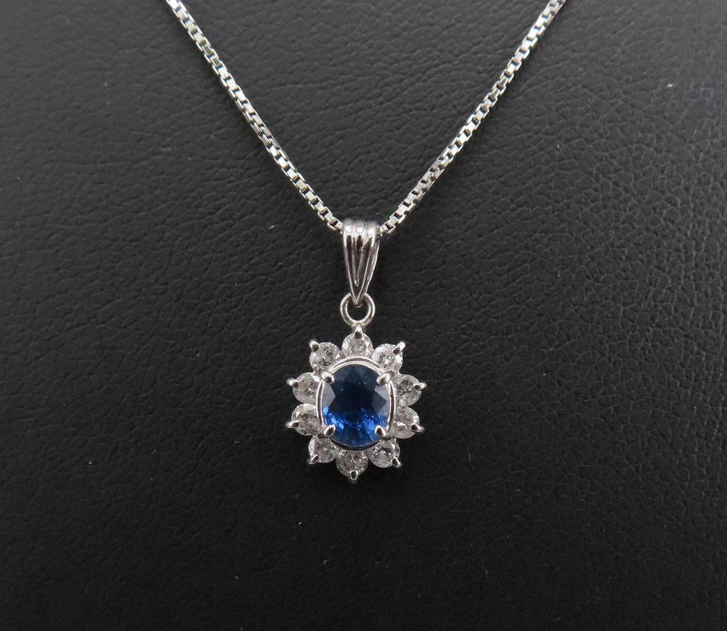 Vintage 0.40ct Royal Blue Sapphire 0.30ct Diamond Halo Platinum Necklace