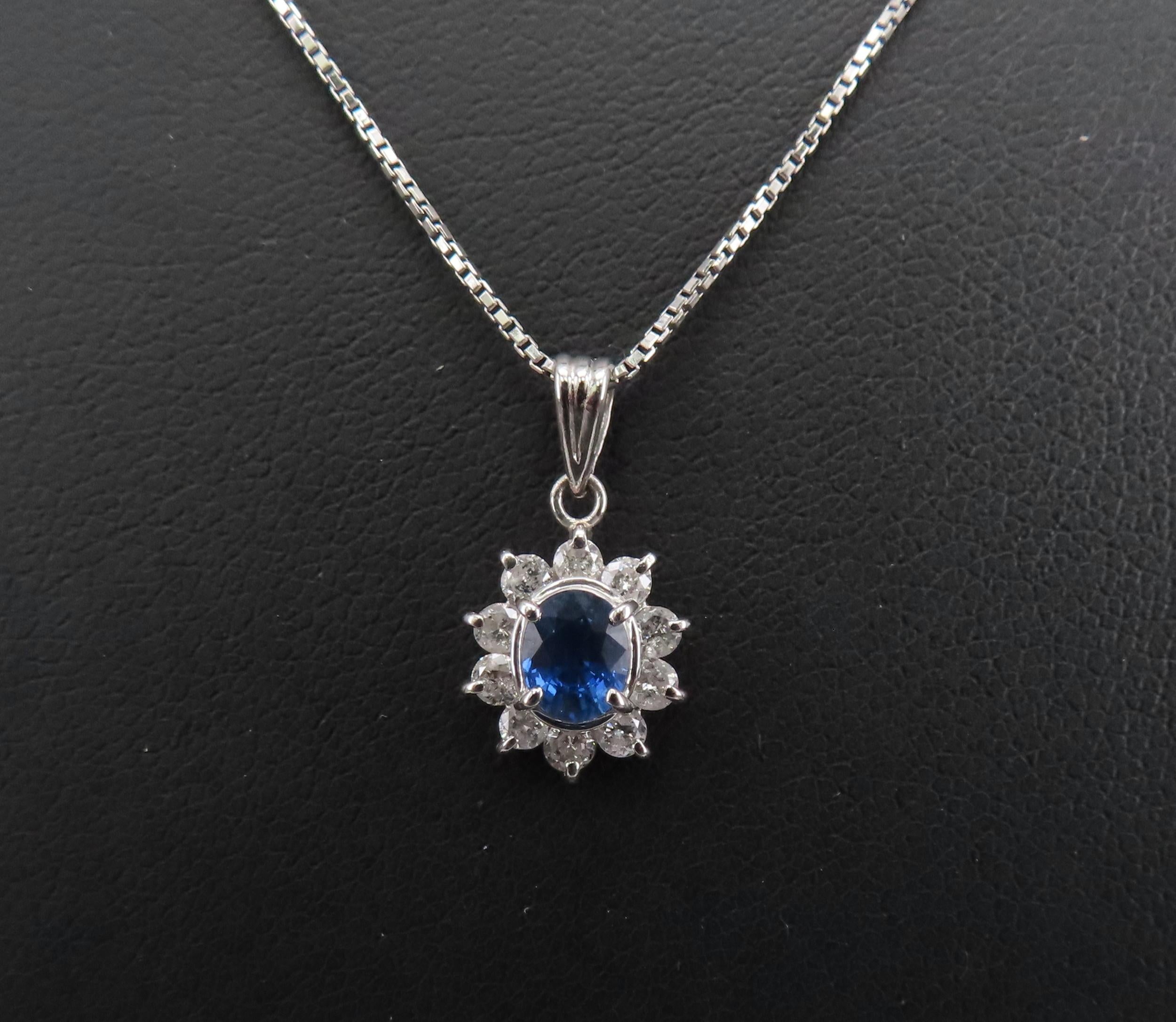 Vintage 0.40ct Royal Blue Sapphire 0.30ct Diamond Halo Platinum Necklace