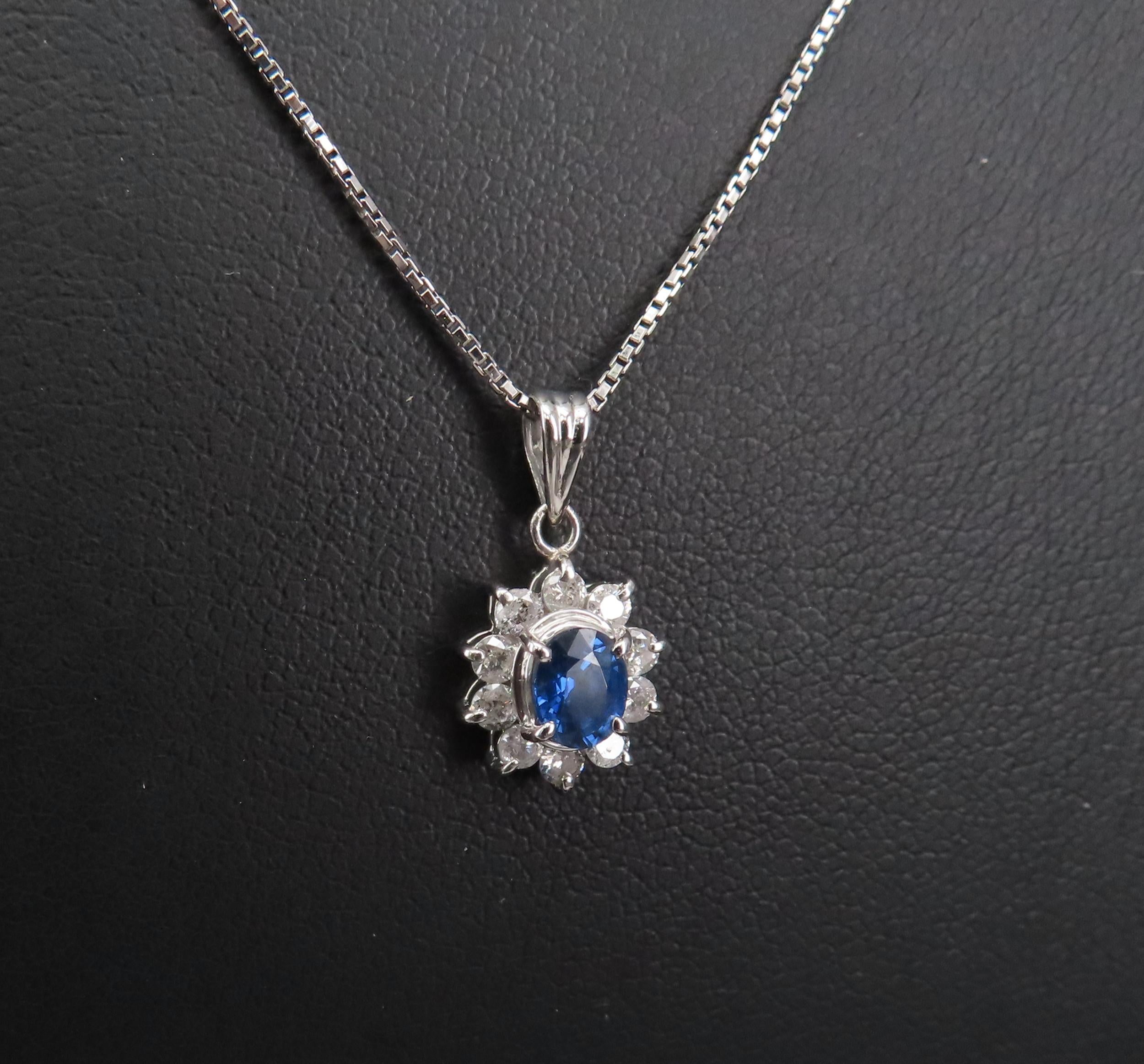 Vintage 0.40ct Royal Blue Sapphire 0.30ct Diamond Halo Platinum Necklace