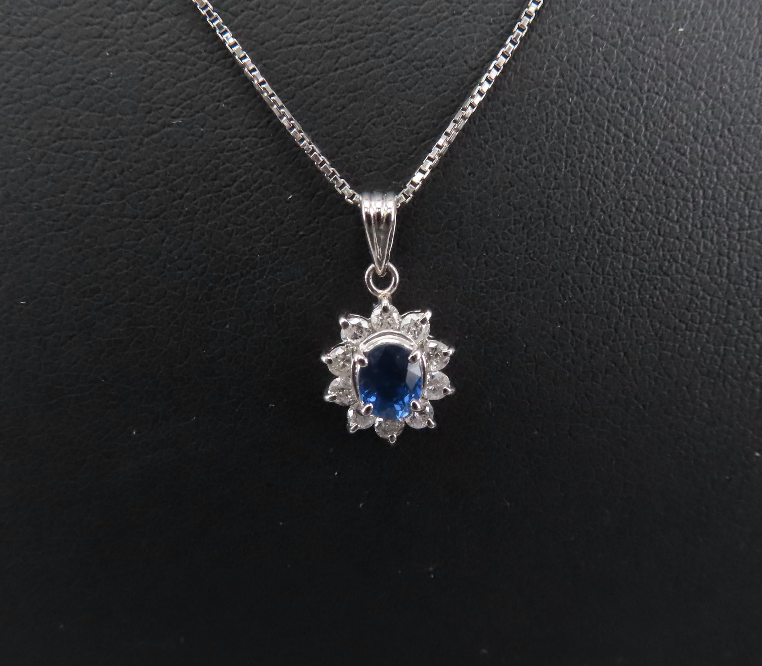 Vintage 0.40ct Royal Blue Sapphire 0.30ct Diamond Halo Platinum Necklace
