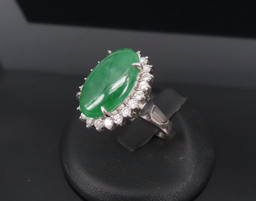 5.95ct Natural Green Jadeite Jade 0.75ct Diamond Platinum Ring Size 8.5