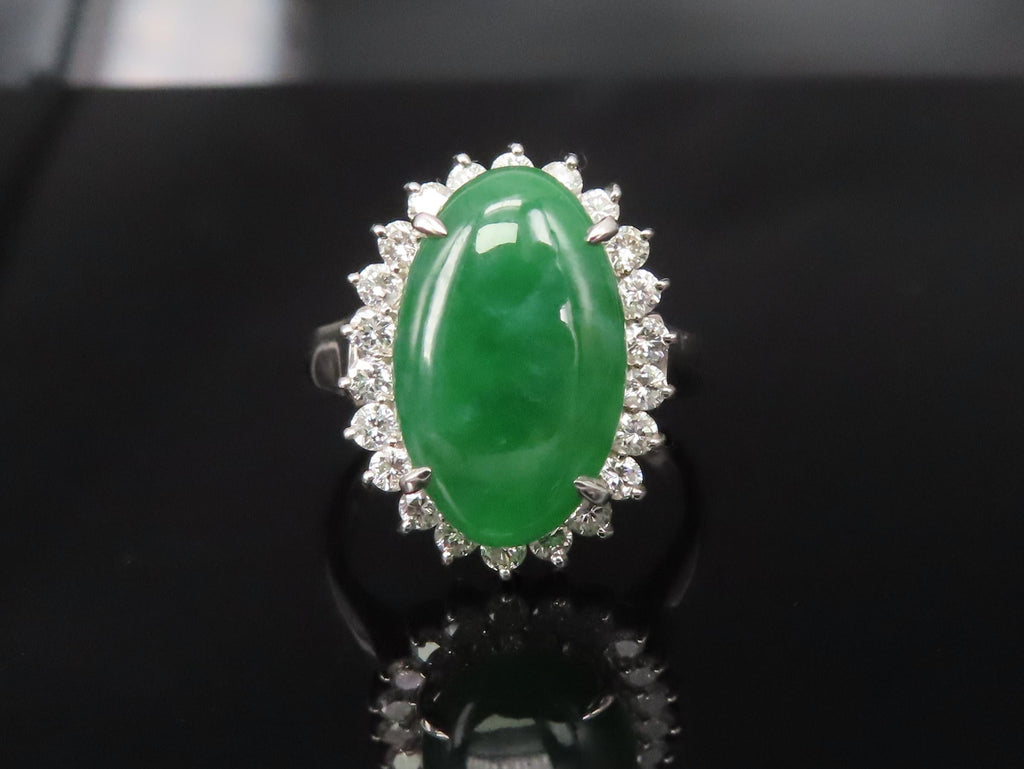 5.95ct Natural Green Jadeite Jade 0.75ct Diamond Platinum Ring Size 8.5
