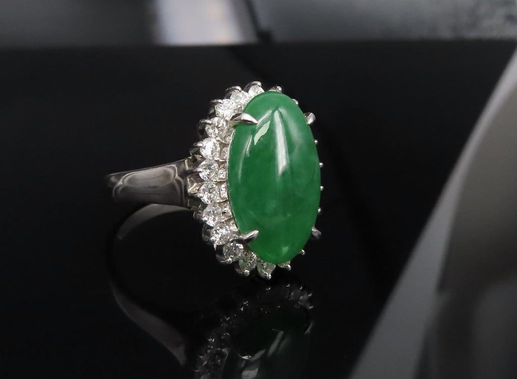 5.95ct Natural Green Jadeite Jade 0.75ct Diamond Platinum Ring Size 8.5