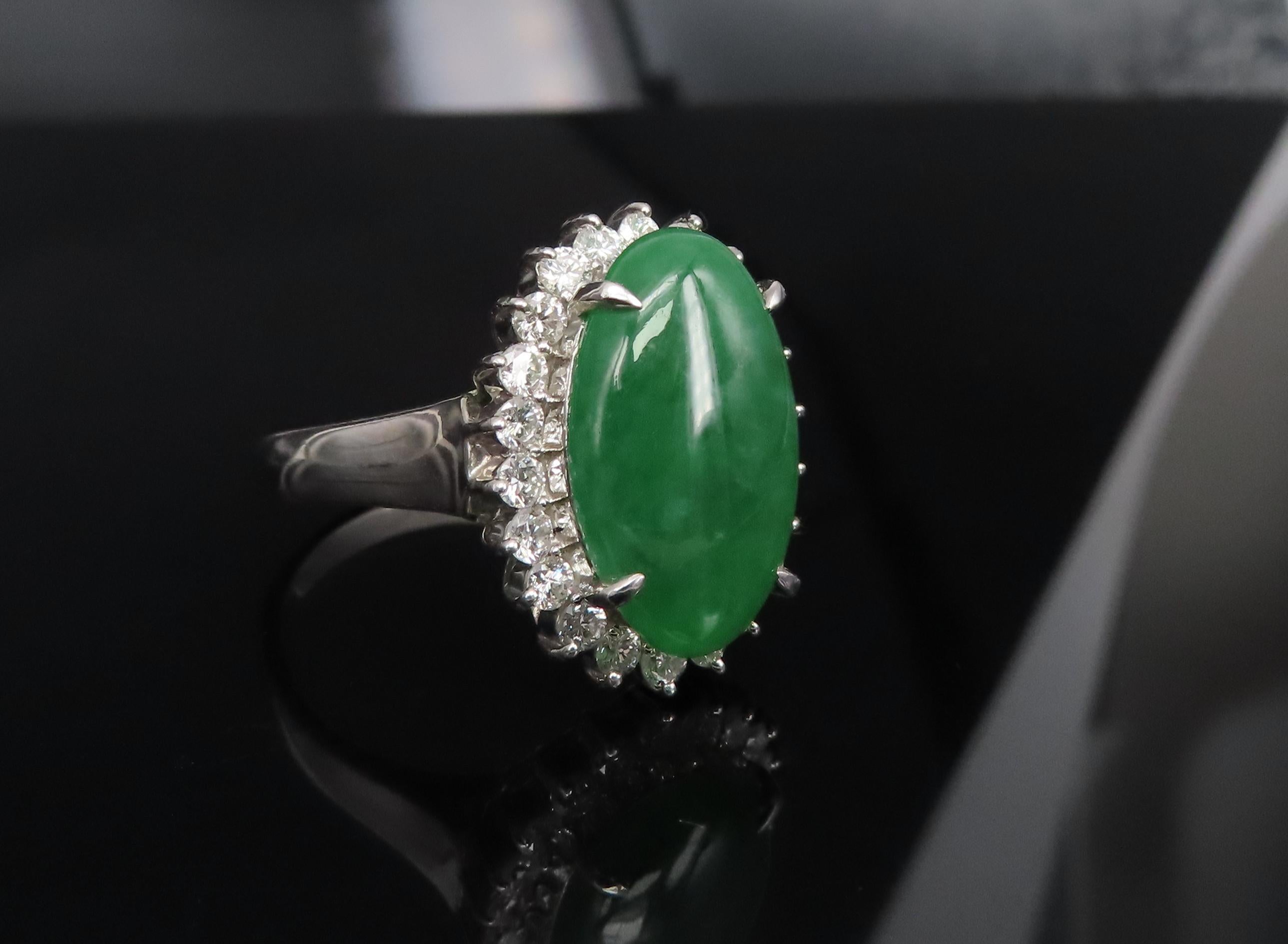 5.95ct Natural Green Jadeite Jade 0.75ct Diamond Platinum Ring Size 8.5