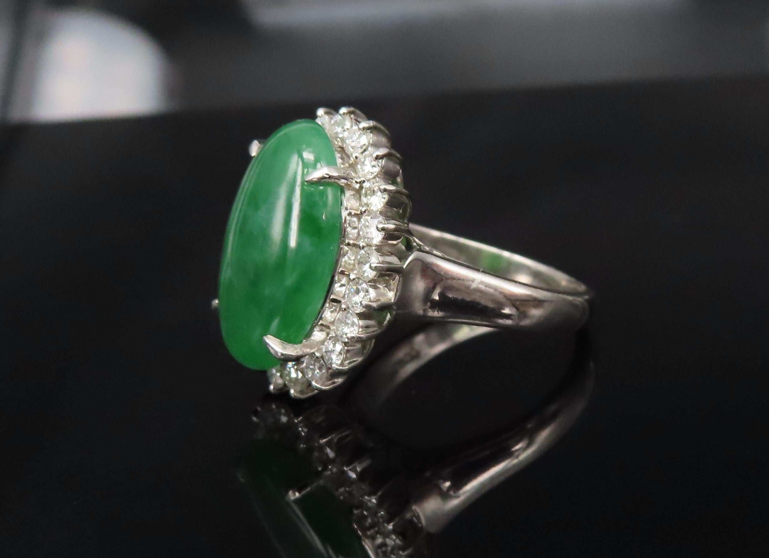 5.95ct Natural Green Jadeite Jade 0.75ct Diamond Platinum Ring Size 8.5