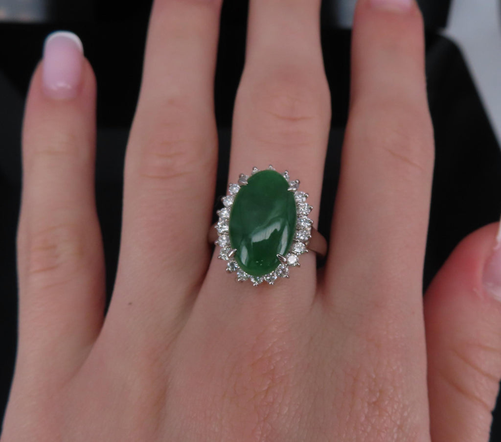 5.95ct Natural Green Jadeite Jade 0.75ct Diamond Platinum Ring Size 8.5
